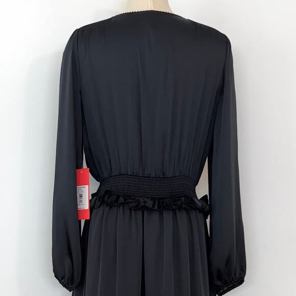 Monique Lhuillier ML Navy Satin Dress High-Low Long Sleeve V-Neck 4 NWT - Picture 11 of 16